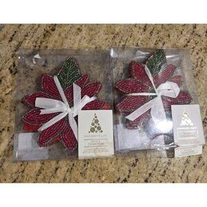 Grammercy Studio Set Of 8 Glass Beaded Green Red Leaf Coasters Holiday Christmas